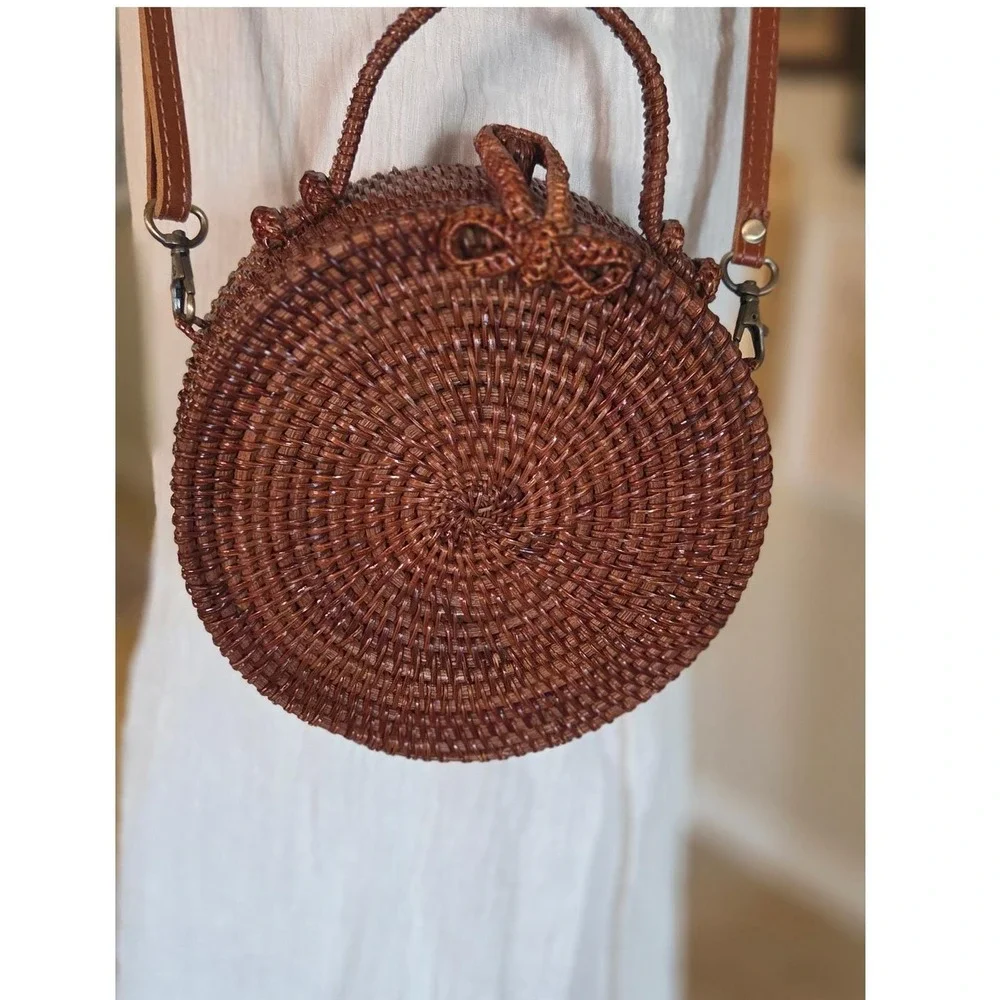 Round Woven Rattan Crossbody Bag Dark Brown Circle Canteen Purse Boho Summer